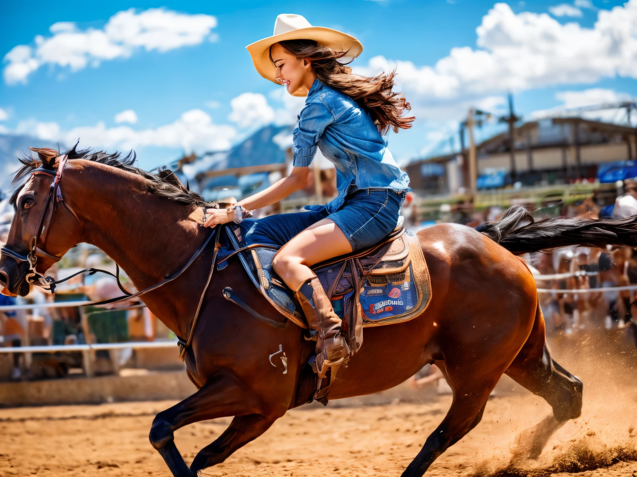 (best quality,4k,8k,highres,masterpiece:1.2),ultra-detailed,realistic,elegant girl riding rodeo machine,beautiful detailed eyes,beautiful detailed lips,determined girl,confident posture,medium:oil painting,spinning and bucking rodeo machine,rodeo arena background,flying dust particles,expressive lighting,western style,leather clothes and boots,energetic motion,celebrating audience,vibrant colors,strong sunlight,blurred action traces