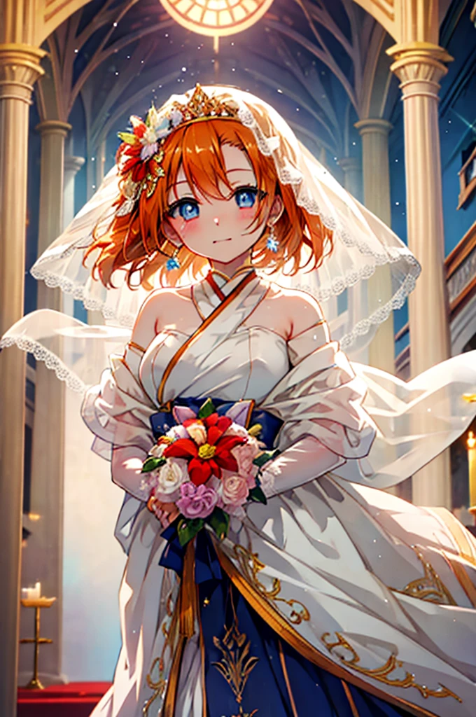 highest quality, masterpiece, High resolution, alone, {Honoka Takasaka　lovelive:1.15}, blue eyes, orange hair, smile, blush, long hair,Wedding dress,veil,bouquet,church,chapel,(masterpiece:1.2), highest quality, High resolution, unity 8k wallpaper, (figure:0.8), (beautiful and fine eyes:1.6), highly detailed face, perfect lighting, Very detailed CG, (perfect hands, perfect anatomy),