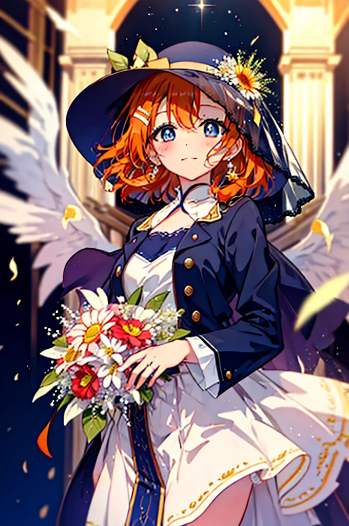 highest quality, masterpiece, High resolution, alone, {Honoka Takasaka　lovelive:1.15}, blue eyes, orange hair, smile, blush, long hair,Wedding dress,veil,bouquet,church,chapel,(masterpiece:1.2), highest quality, High resolution, unity 8k wallpaper, (figure:0.8), (beautiful and fine eyes:1.6), highly detailed face, perfect lighting, Very detailed CG, (perfect hands, perfect anatomy),