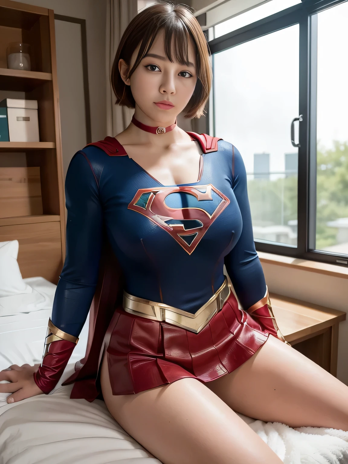 masterpiece、supergirl costume、short hair、barefoot、big and full breasts、Research room、operating table、straddle、Tattered、shiny、look at the camera、Seduce、choker、red mini skirt、long sleeve、Cowgirl