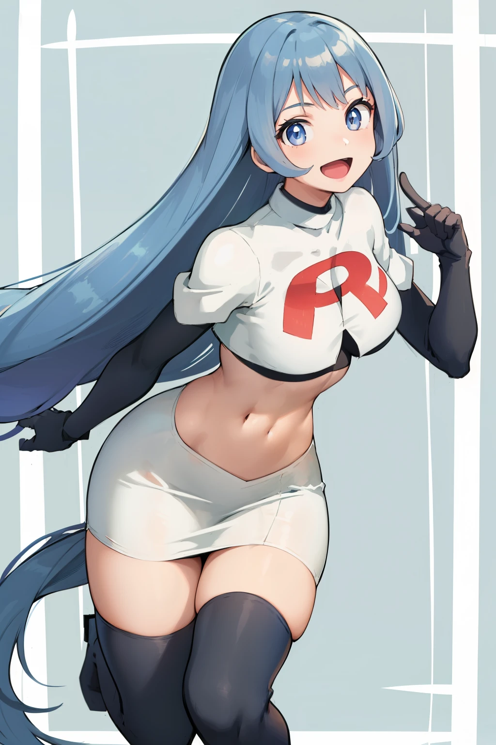 nejire hado, 1girl, solo, long hair, breasts, looking at viewer, smile, open mouth, bangs, blue eyes, medium breasts, very long hair, blue hair, :d, team rocket,team rocket uniform,white skirt,crop top,black thigh-highs,black elbow gloves