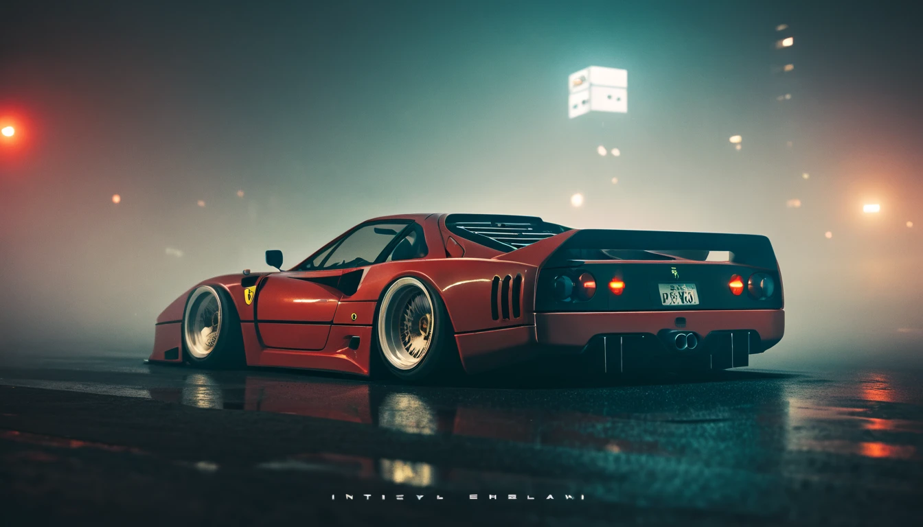 (intrincated details:1.2), (photorealistic), (masterpiece), (photography), cinematic lighting, cyberpunk city, fog, ferrari f40, ground vehicle, motor vehicle, no humans, scenery, solo, vehicle focus, night time, front quarter, liberty walk wide body, widebody, no emblems, No Logo