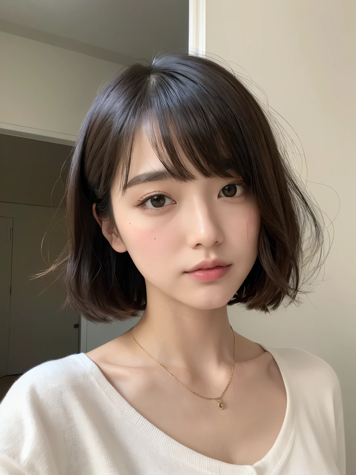 (layered haircut:1.2))、short wavy hair、8K、（Live shooting）、（highest quality）、（フォトrealistic：1.4）Reality to the touch Reality、(4Khigh resolution:1.2)、(high resolution, muste piece, highest qualityの, high detail, official: 1.4), (Reality: 1.2, ハイパーrealistic: 1.1, フォトrealisticです: 1.37), Depth of bounds written, (detailed description of hair), (Detailed description of the face), unparalleled beauty,, (35 years old,: 1.4)、I&#39;m a little depressed、white wall、(Taken in front of the white door)、((窓のあるwhite wallの部屋))、indoor、Natural light、short hair、bob hairhair、realistic、high resolution、High quality、profile、various poses、profile、bob hair、random pose、(autumn clothes)、winter clothes、 wearing necklace