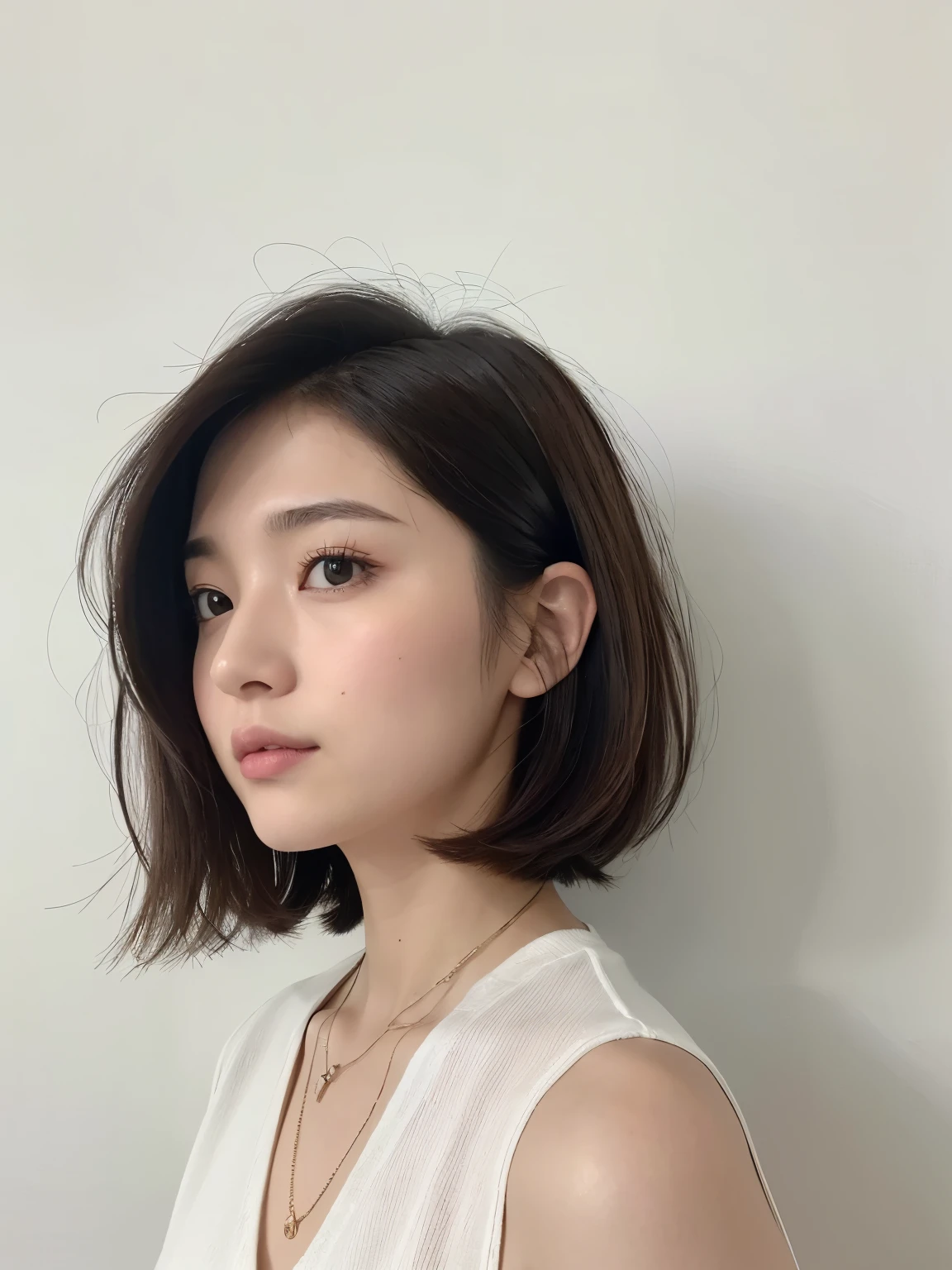 (layered haircut:1.2))、short wavy hair、8K、（Live shooting）、（highest quality）、（フォトrealistic：1.4）Reality to the touch Reality、(4Khigh resolution:1.2)、(high resolution, muste piece, highest qualityの, high detail, official: 1.4), (Reality: 1.2, ハイパーrealistic: 1.1, フォトrealisticです: 1.37), Depth of bounds written, (detailed description of hair), (Detailed description of the face), unparalleled beauty,, (35 years old,: 1.4)、I&#39;m a little depressed、white wall、(Taken in front of the white door)、((窓のあるwhite wallの部屋))、indoor、Natural light、short hair、bob hairhair、realistic、high resolution、High quality、profile、various poses、profile、bob hair、random pose、(autumn clothes)、winter clothes、 wearing necklace