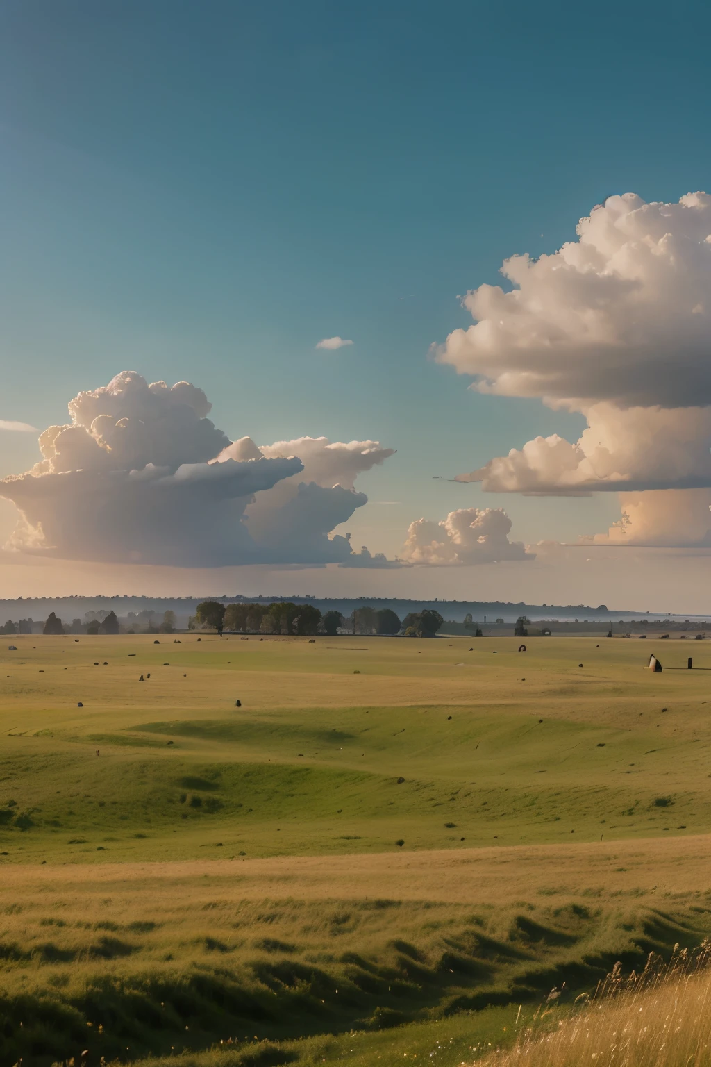 Wide shot of a tall grassy meadow on a breeze morning