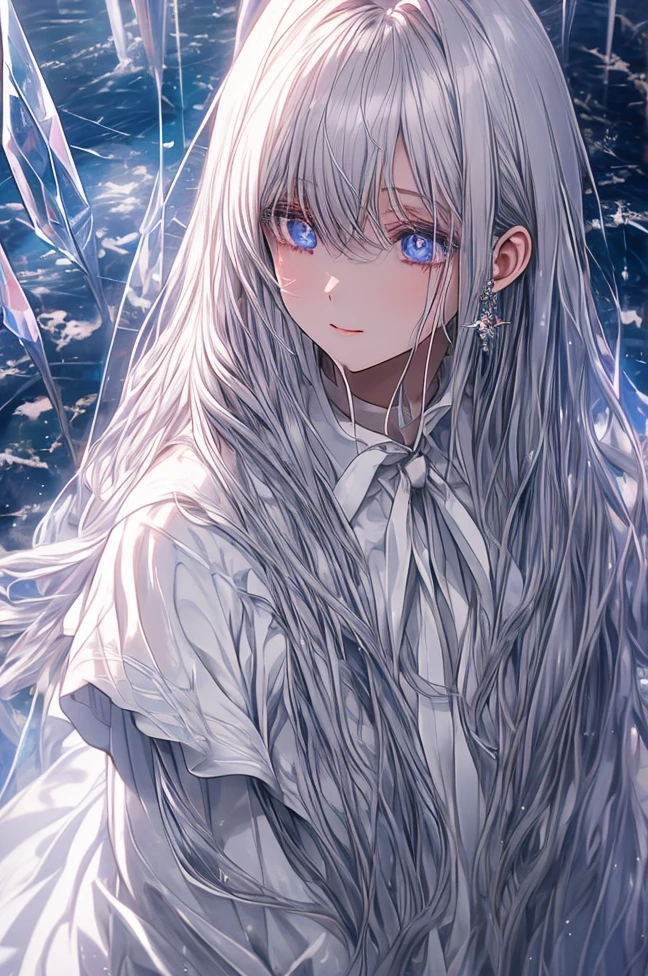 masterpiece, super detail, high quality, best quality, 4K, 1woman, (perspective), ((view from above)), atmospheric perspective, raining blood, environment with white and hazy lighting and coloring, empty city scene, very long white hair, straight hair, (elegant white dress), completely white character, (black tie), formal long tie, mirrors at the end of the hair, gray eyes, lonely, lens flare, overcast dark weather, expressionless eyes, diamond colored eyes, depth of field, beautiful eyes, crystal pupils, (looking up), pupil reflecting light, right eye with cracks in the crystal, hair flying a little in the wind, nosebleed, light smile