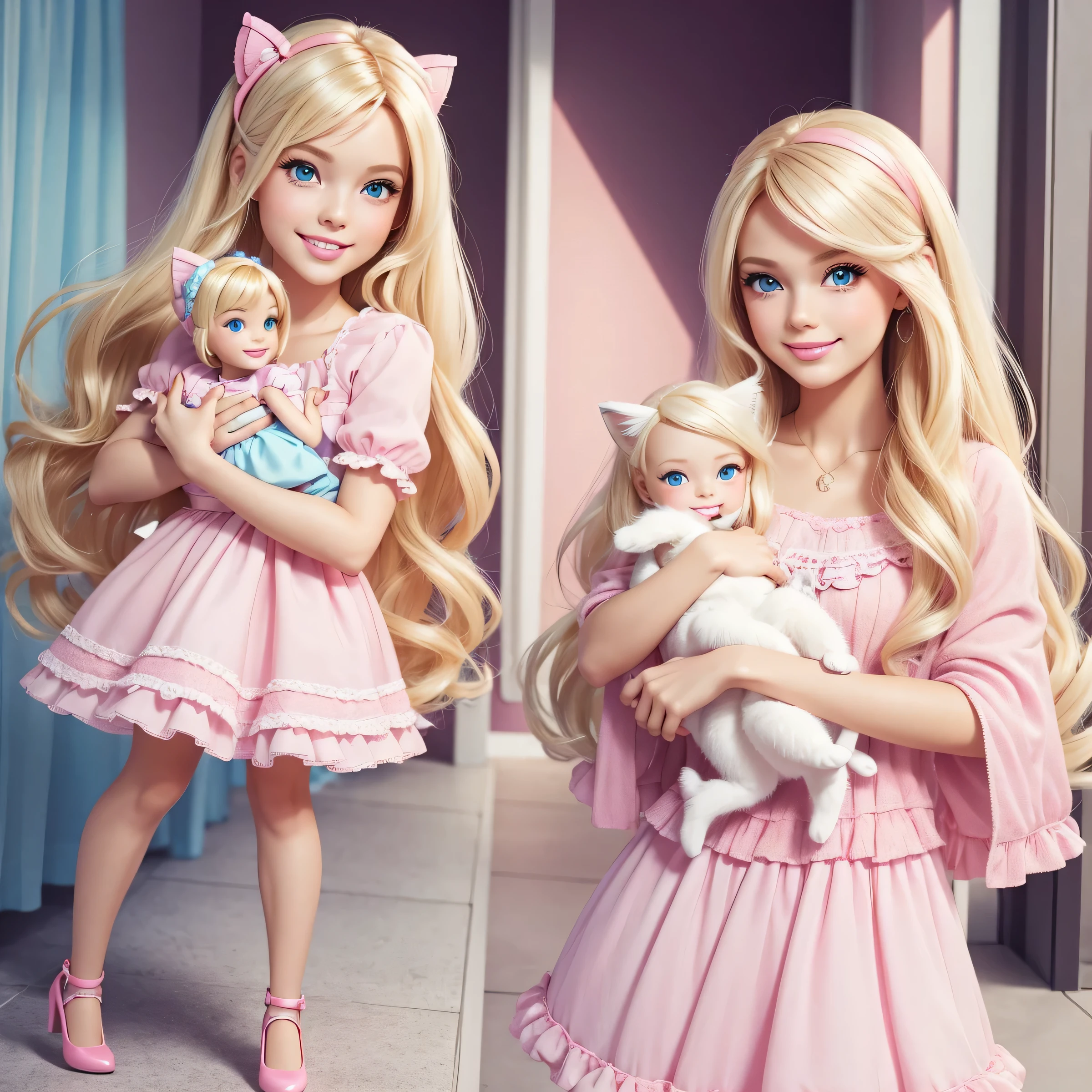 create a happy young girl, alone, with blonde hair, barbie style, with a kitten in her arms, fashionable pink clothes, light blue eyes, smiling, full body. Barbie style, details in the clothes. angelic, perfect beauty,