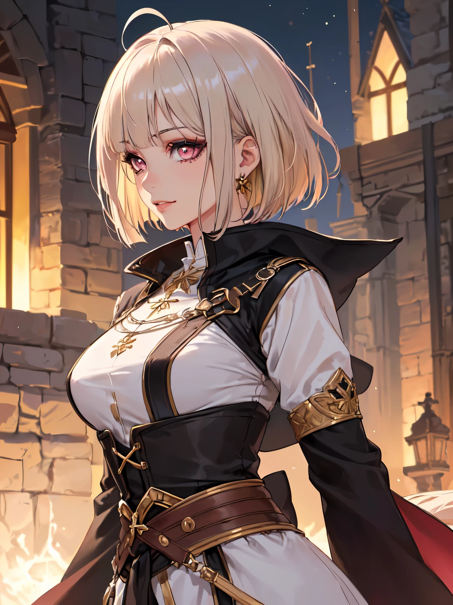 SFW (masterpiece, best quality, 32k) a youthful age girl with short blonde hair ((golden blonde hair, messy hair:1.2, wild hair:1.2, bangs, diagonal bangs, straight bangs, blunt bangs, bob, assymetric bob, inverted bob, long bangs)), ((pink-brown eyes, silver-pink eyes, pink eyes, brown eyes)), ((eyeliner, dark eyeliner, eyeshadow, dark eyeshadow, makeup)), ((beautiful face, sultry face, impish face, delicate features, sexy face)), ((pale skin, smooth skin, perfect skin)), walking, standing, relaxed, city, medieval fantasy, medieval, fantasy, outdoors, sky, clouds. ((Fantasy outfit, medieval outfit, medieval fantasy outfit, stylish outfit, Explorer outfit, adventurer outfit, rogue outfit, fighter outfit, mage outfit)), ((large breasts:1.3, round breasts:1.3, perky breasts:1.3)), ((slim:1.3, lithe:1.3, slender:1.3, thin:1.3, busty:1.2, buxom:1.2)), ((round hips, thin waist, waspish waist)), ((long legs, slender legs)), small smile ((full lips)), serene expression, calm expression, relaxed expression, open eyes, large eyes, expressive eyes, head to waist portrait, cinematics, color oil painting, cinematic lighting, ((extremely detailed face)), ((finely detailed face)), ((Extremely detailed eyes)), ((finely detailed eyes)), ((beautiful face)), ((beautiful eyes)), perfect lighting, depth of field, (realistic proportions), (good anatomy), ((solo:1.6)), ((1girl:1.6))