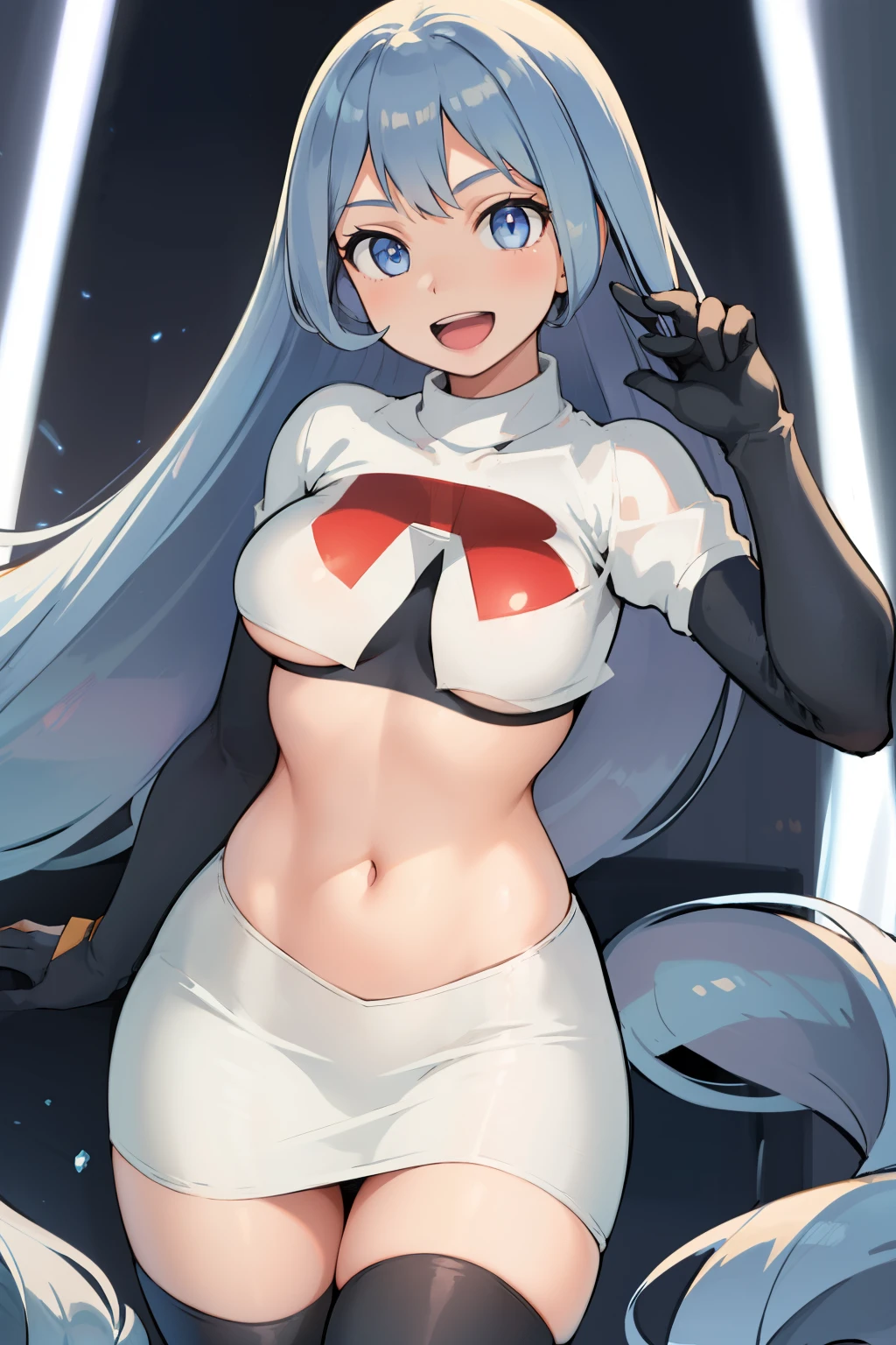 nejire hado, 1girl, solo, long hair, breasts, looking at viewer, smile, open mouth, bangs, blue eyes, medium breasts, very long hair, blue hair, :d, team rocket,team rocket uniform,white skirt,crop top,black thigh-highs,black elbow gloves