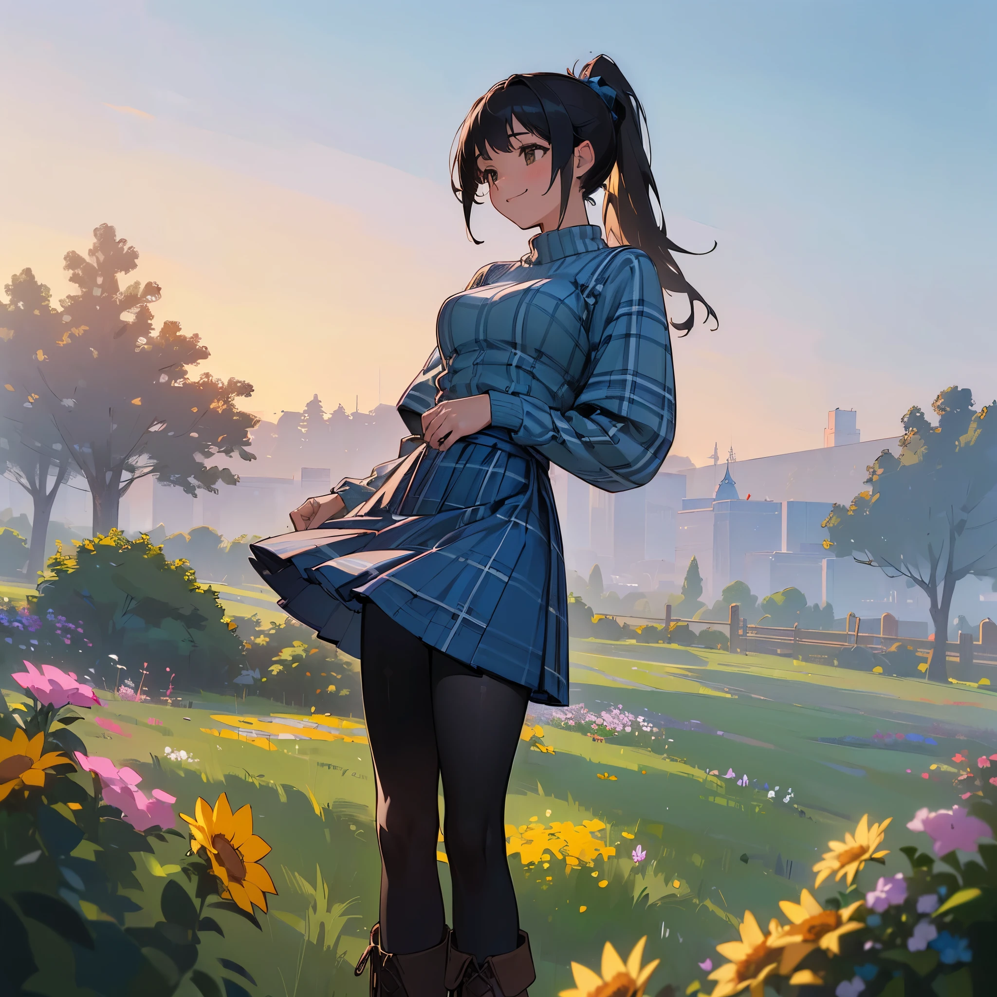 (high quality, high resolution, Super detailed, Reality:1.37), peaceful atmosphere, (outdoor, garden),  girl standing alone, (My breasts are big.), Beautiful detailed features, cute smile, (black hair ponytail), ribbed sweater, blue plaid skirt, Black tights, brown boots.