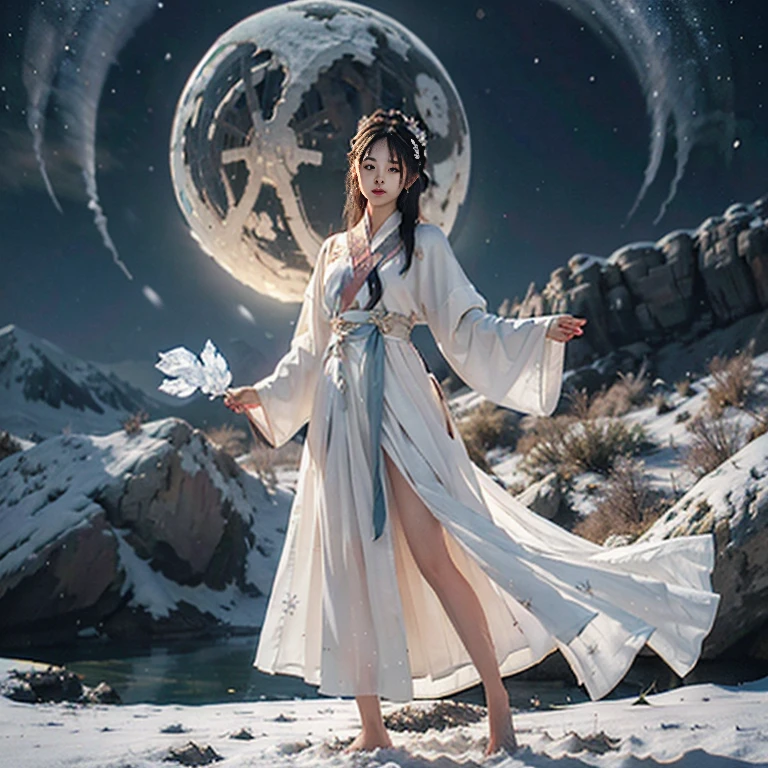 Vast landscape photo, above is the sky in the middle is the snow mountain below, a girl standing on the snow looking up, exquisite background, winter, snow mountain, BREAK making art, (cold light source: 1.2), intricate details, volumetric lighting BREAK (Masterpiece: 1.2), (Best Quality), 4k, Ultra Detailed, (Dynamic Composition: 1.4), Rich Detail, (Solo: 1.2), Blush, Extra Lots of Details, Delicate Hair, Messy Hair, Smile, Hanfu, Slip Dress, Perfect Hand, Right Hand, Sapphire Pendant, Blue Pupil, Ice Mage, Snowscape, Snow, Snowflake, Glacier, Arctic, Blue Crystal, Lots of Blue White, Dreamy, Mythical, Perfect Cloud, Legs Exposed, Bare Feet, Thighs Exposed,