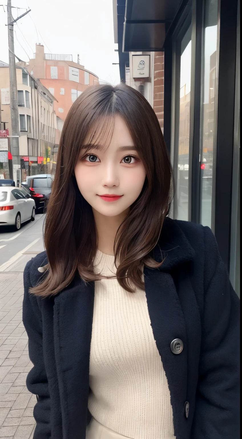 table top, highest quality, shape, Super detailed, finely, High resolution, 8k wallpaper, 完璧なダイナミックな構shape, beautiful and detailed eyes, winter dress,medium hair, small breasts, natural color lip, random sexy pose,smile,big city、20 year old girl、beautiful and detailed face、perfect and beautiful face,Big eyes、Wear fluffy black outerwear with fur