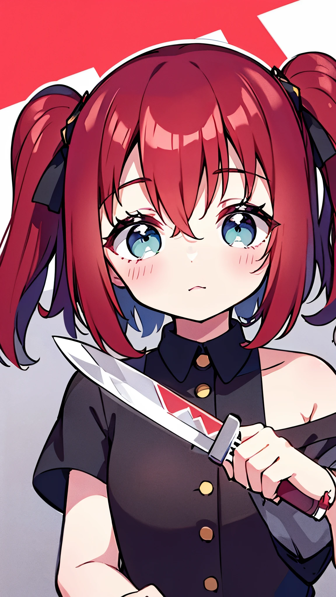 Ruby kurosawa, aqua eyes, medium hair, red hair, two side up, twintails, , (holding a knife viewing it to the viewer:1.4)