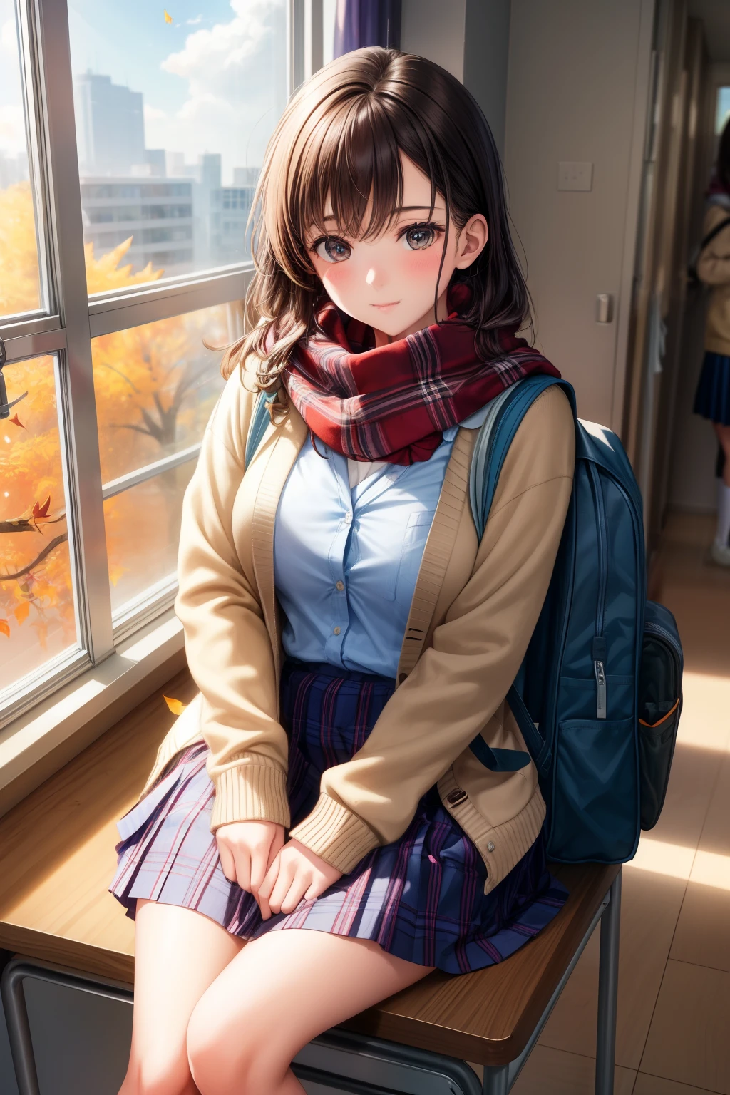 Girl in school uniform, sitting at her desk with books scattered around, sunbeams streaming in through the open window, bringing out the vibrant colors of her plaid skirt and sweater, realism: 1.0, anatomy: 0.8, nfsw: 0.0, high quality, high resolution.

Or:

Girl in school uniform, leaning against the lockers with a thoughtful expression, backpack slung over one shoulder, autumn leaves falling gently around her, bringing out the rich colors of her scarf and cardigan, realism: 1.2, anatomy: 0.6, nfsw: 0.0, high quality,