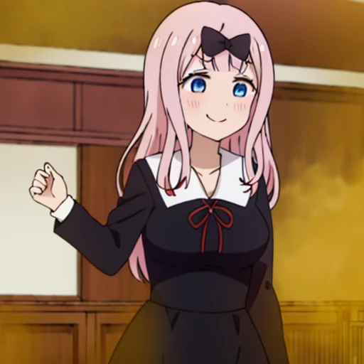 highest quality、(master piece:1.2)、detailed、Chika Fujiwara (Kaguya-sama)、1 girl、solo、open your mouth、smile、pink hair、blue eyes、long hair、school uniform、black dress、hair ribbon、black ribbon、Red Ribbon、Are standing、classroom、fart