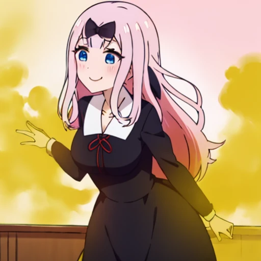 highest quality、(master piece:1.2)、detailed、Chika Fujiwara (Kaguya-sama)、1 girl、solo、open your mouth、smile、pink hair、blue eyes、long hair、school uniform、black dress、hair ribbon、black ribbon、Red Ribbon、Are standing、classroom、fart