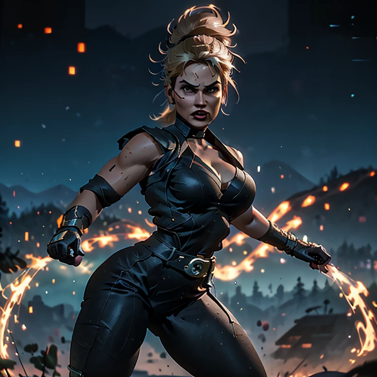 Photo of Sonya Blade, alluring figure, ((Sexy woman)), ((Prominent cleavage)), ((Detailed face:1.2)), ((Defined facial features)), ((Finely detailed skin)), bronzed complexion, , clad in a Figure-hugging outfit, Fighting game environment, Exuding confidence, Bright and colorful lighting, Captured with a Sony Alpha Series Camera, 70-200mm Telephoto Lens, F/4, crisp and clear, 4K Ultra HD, Dramatic and dynamic, perfect representation of Sonya Blade's cheeky and fierce personality.