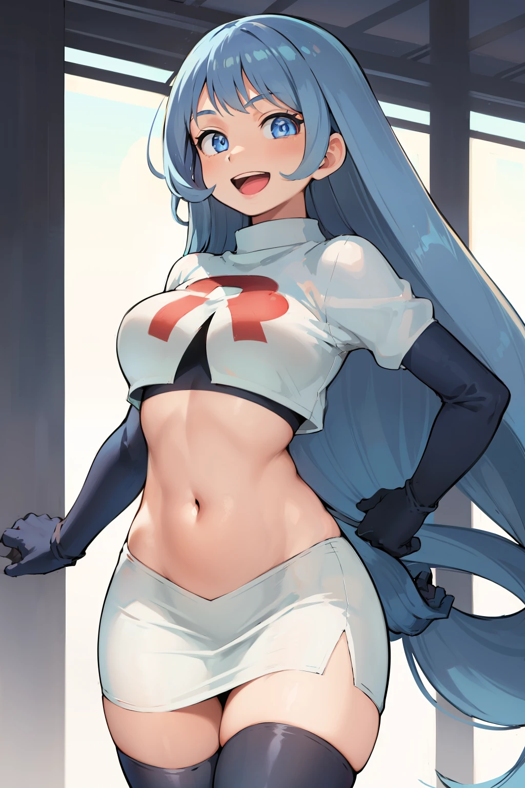 nejire hado, 1girl, solo, long hair, breasts, looking at viewer, smile, open mouth, bangs, blue eyes, medium breasts, very long hair, blue hair, :d, team rocket,team rocket uniform,white skirt,crop top,black thigh-highs,black elbow gloves