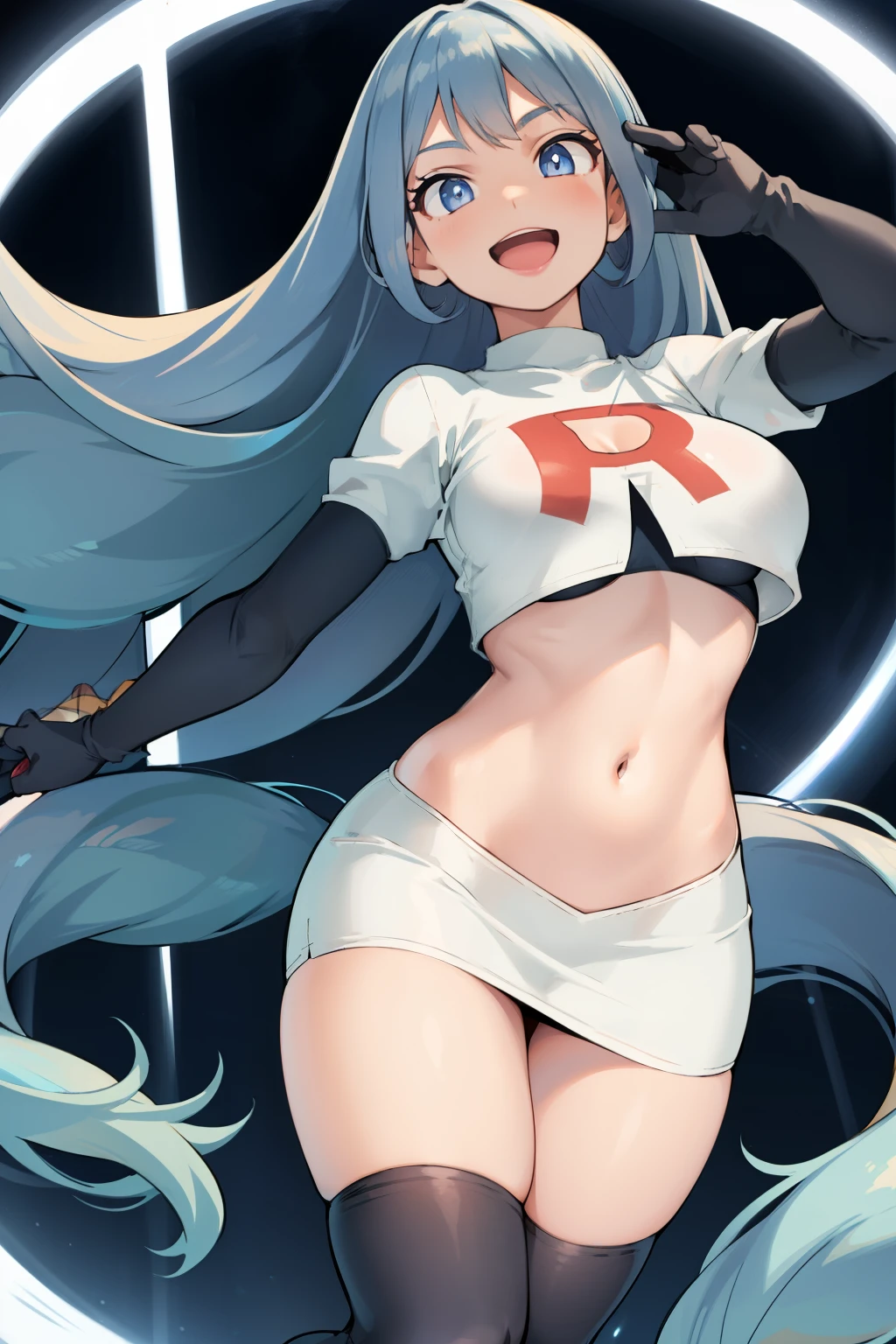 nejire hado, 1girl, solo, long hair, breasts, looking at viewer, smile, open mouth, bangs, blue eyes, medium breasts, very long hair, blue hair, :d, team rocket,team rocket uniform,white skirt,crop top,black thigh-highs,black elbow gloves