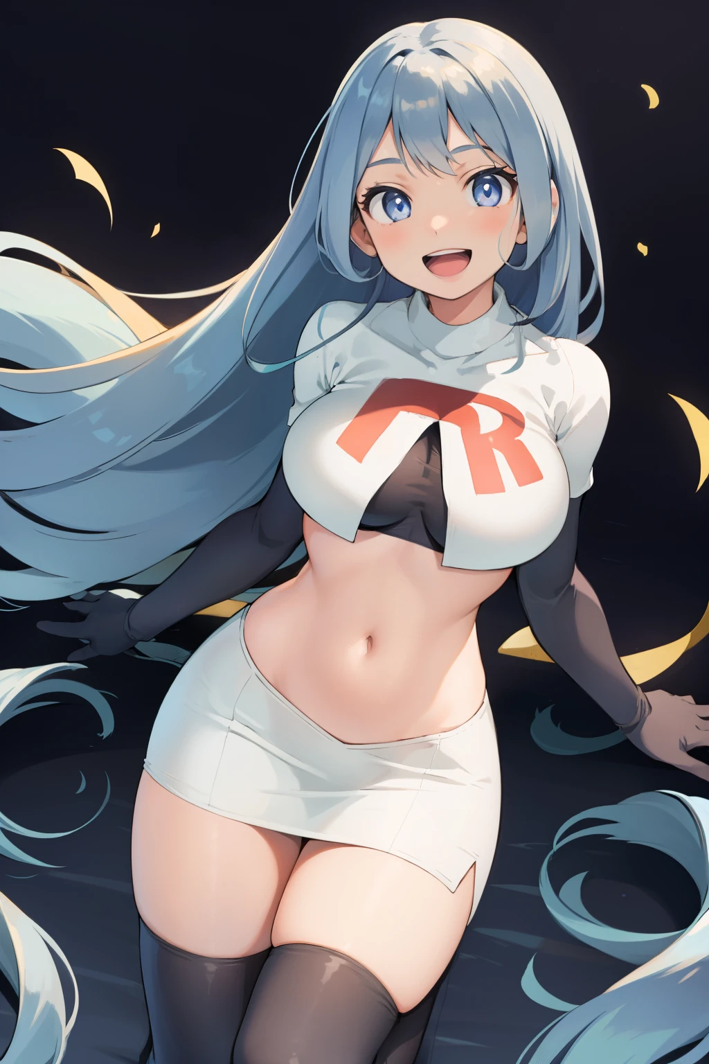 nejire hado, 1girl, solo, long hair, breasts, looking at viewer, smile, open mouth, bangs, blue eyes, medium breasts, very long hair, blue hair, :d, team rocket,team rocket uniform,white skirt,crop top,black thigh-highs,black elbow gloves