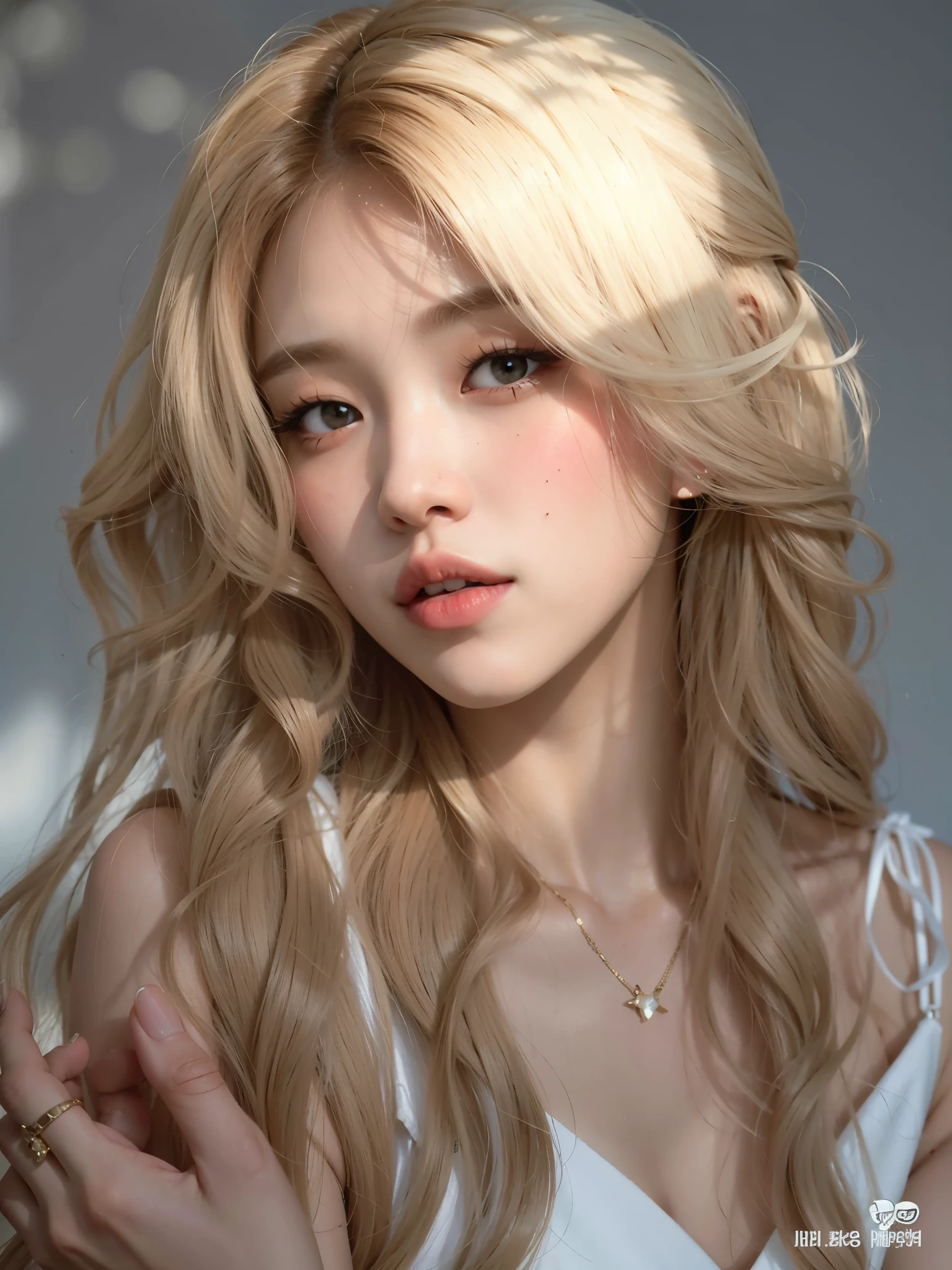 Mujer rubia con pelo largo y un vestido blanco posando para una foto., una chica con cabello rubio, parque roseanne de blackpink, hermosa mujer surcoreana, heonhwa choe, peinado de corte hime blanco, pale skin curly blonde hair, con pelo largo y rubio, hermosa joven coreana, hermosa joven coreana, extremely pale blonde hair, muchacha coreana, con el pelo largo y blanco