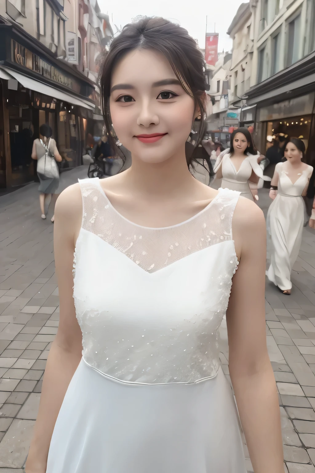 ((highest quality, 8K, masterpiece: 1.3)), Fat Body Beauty: 1.4, 30 years old, mature, Fullness of the bust: 1.6, Thigh volume: 1.6, Highly detailed face and skin texture, delicate eyes, double eyelid, chubby face, thin lips, smile, Fair skin, (white dress: 1.6), standing posture, city street background