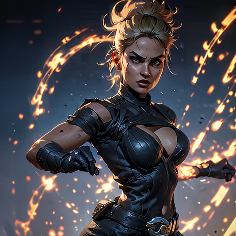 Photo of Sonya Blade, alluring figure, ((Sexy woman)), ((Prominent cleavage)), ((Detailed face:1.2)), ((Defined facial features)), ((Finely detailed skin)), bronzed complexion, , clad in a Figure-hugging outfit, Fighting game environment, Exuding confidence, Bright and colorful lighting, Captured with a Sony Alpha Series Camera, 70-200mm Telephoto Lens, F/4, crisp and clear, 4K Ultra HD, Dramatic and dynamic, perfect representation of Sonya Blade's cheeky and fierce personality.