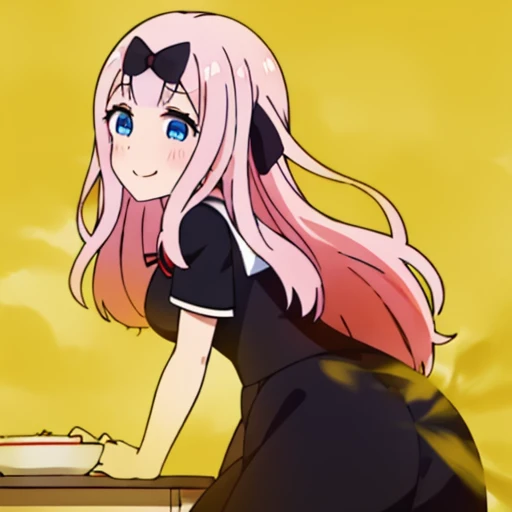 highest quality、(master piece:1.2)、detailed、Chika Fujiwara (Kaguya-sama)、1 girl、solo、open your mouth、Satisfied smile、pink hair、blue eyes、long hair、school uniform、black dress、hair ribbon、black ribbon、Red Ribbon、Are standing、classroom、fart、Gas comes out of the butt、put pressure on your face