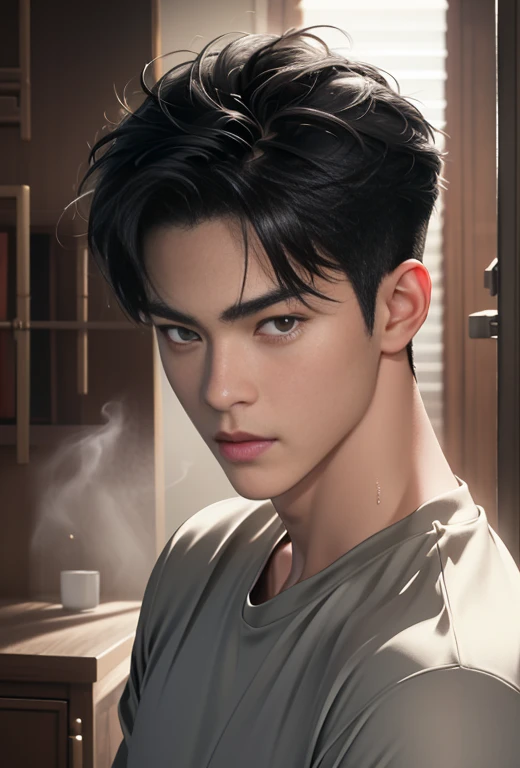High quality, masterpiece, highly detailed, 8k, perfect face, perfect body, realistic, photogenic, man, Asian, young, black hair, short hair, handsome, detailed eyes, beautiful detailed nose, realistic body, realistic light, comfortable expressions, cute guy, sweat guy, cool guy, abs sixpack, model style, y clothes , full body, clean skin