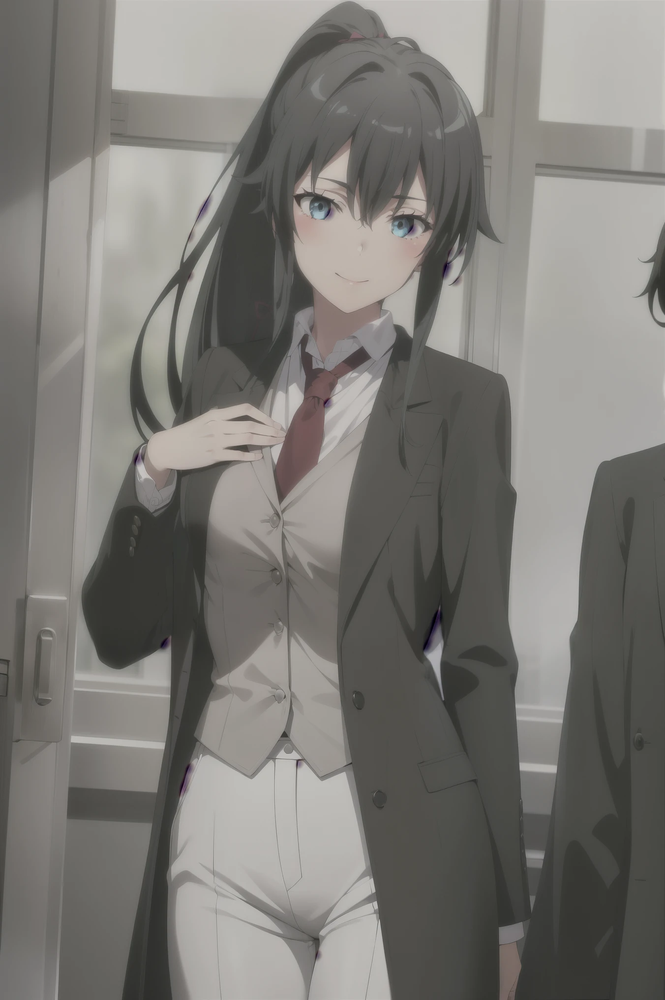 ((best quality)), ((masterpiece)), (detailed) 1girl 1girl, ;\), blurry, blurry_background, breasts, , hair_ponytail ribbon, looking_at_viewer, ok_sign, one_eye_closed, open_hand, Yukinoshita Yukino ,Woman wearing formal clothes, An attractive coat stands in a large gap in the room , 1girl, 独奏, blue necktie, Black hair, eyes blue, long hair, smile , collared shirt, white pants, white shirt , Elegantly designed coat , Stand in front of a window ,Perfectly tailored tailcoat. It has a stunning Victorian design and is made of lustrous fabric