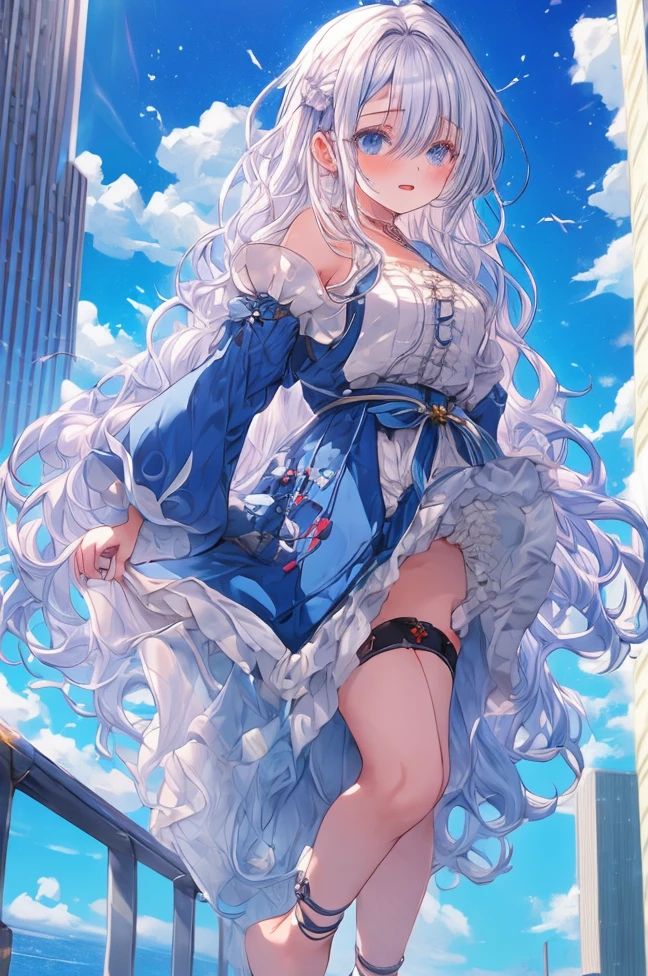 1Girl, barefeet, White-haired, Wavy hair, Blue skies, Erotic, thighlet, daoshi, building, Half-sleeved, Erotic facial expressions
