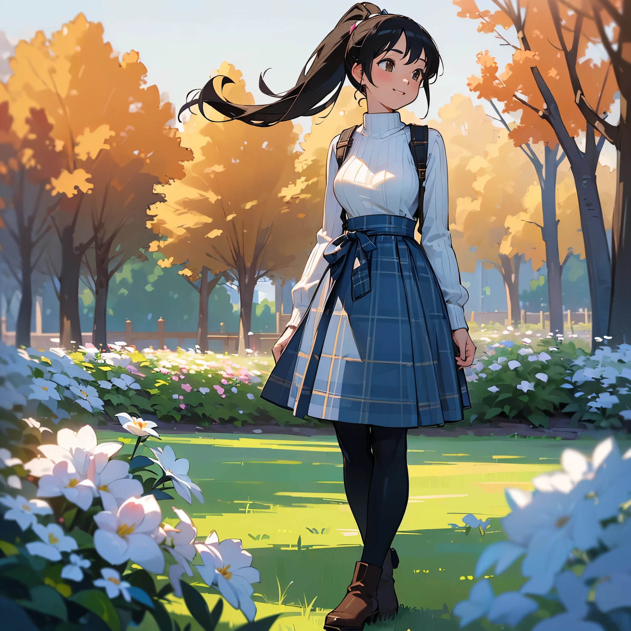 (high quality, high resolution, Super detailed, Reality:1.37), peaceful atmosphere, (outdoor, garden), Teenage girl standing alone, (My breasts are big.), Beautiful detailed features, cute smile, (black hair ponytail), ribbed sweater, blue plaid skirt, Black tights, brown boots.