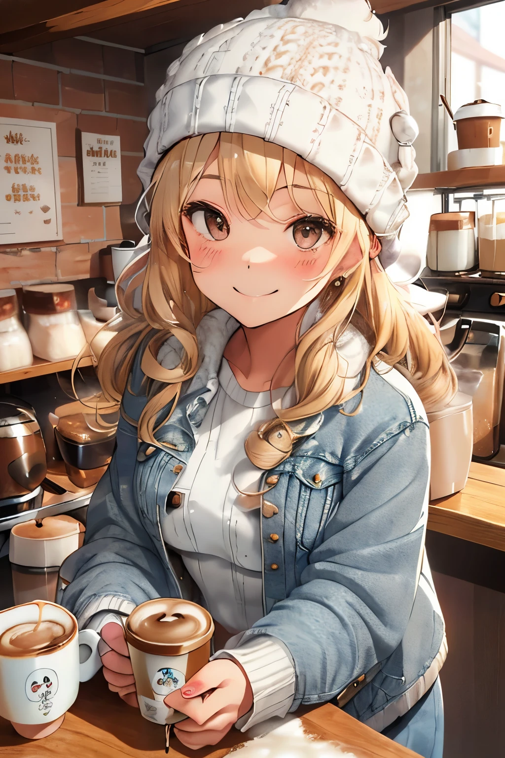 (blonde:1.25),(long hair with curls:1.25),(With bangs),(white knit hat:1.3),(denim jackets:1.3),(coffee shop:1.35),(hot coffee:1.4),(blush),(Slightly smile:1.35),(leaning forward:1.2),(mug cup:1.35)
