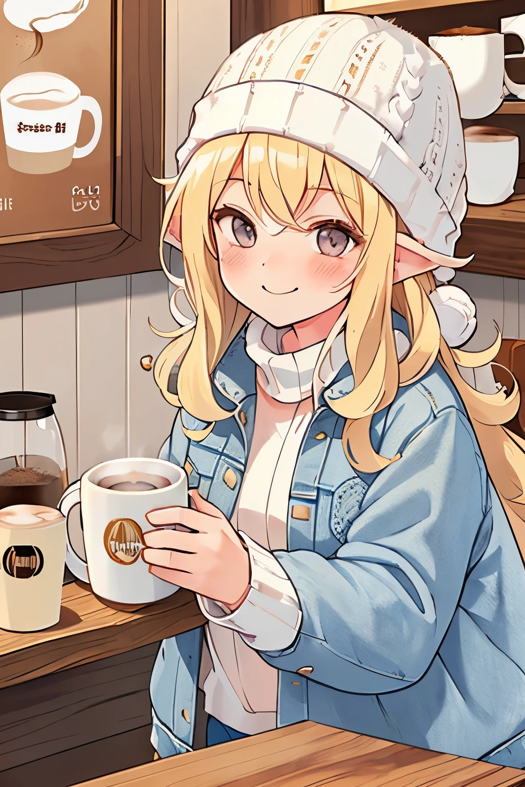 (blonde:1.25),(long hair with curls:1.25),(With bangs),(white knit hat:1.3),(denim jackets:1.3),(coffee shop:1.35),(hot coffee:1.4),(blush),(Slightly smile:1.35),(leaning forward:1.2),(mug cup:1.35)