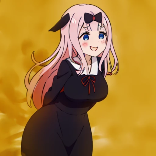 highest quality、(master piece:1.2)、detailed、Chika Fujiwara (Kaguya-sama)、1 girl、solo、open your mouth、Satisfied smile、pink hair、blue eyes、long hair、school uniform、black dress、hair ribbon、black ribbon、Red Ribbon、Are standing、classroom、fart、Gas comes out of the butt、put pressure on your face、ramen