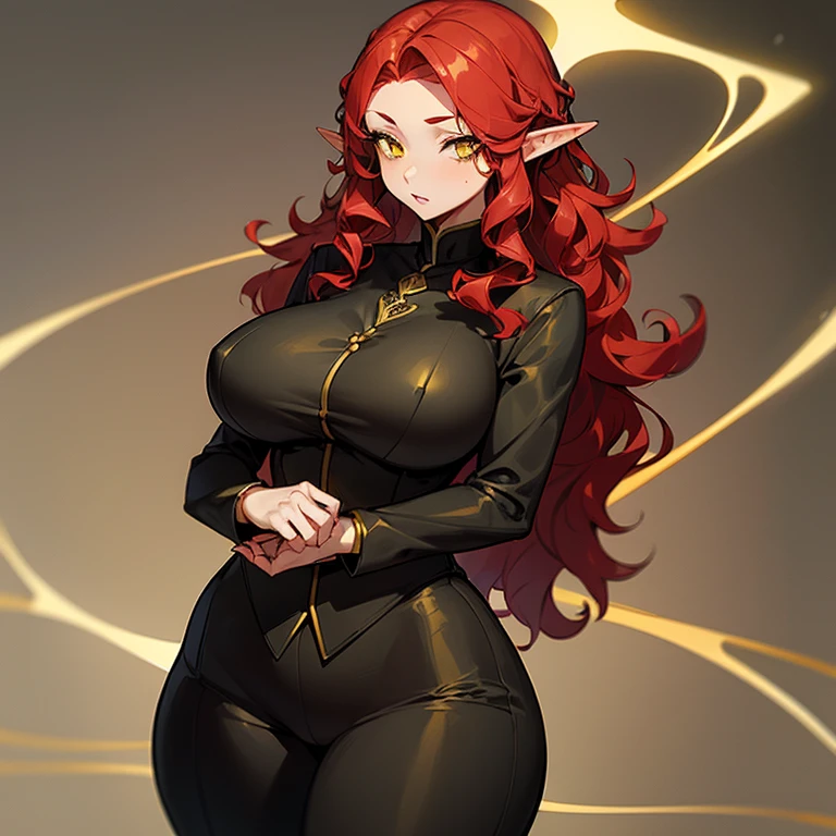 (((Alone))),(((Elf Woman Milf))),(((Light Skin))),(((Wavy red hair))),(((Yellow Eyes))),((Curvy Body)),(((Wearing a black suit)))