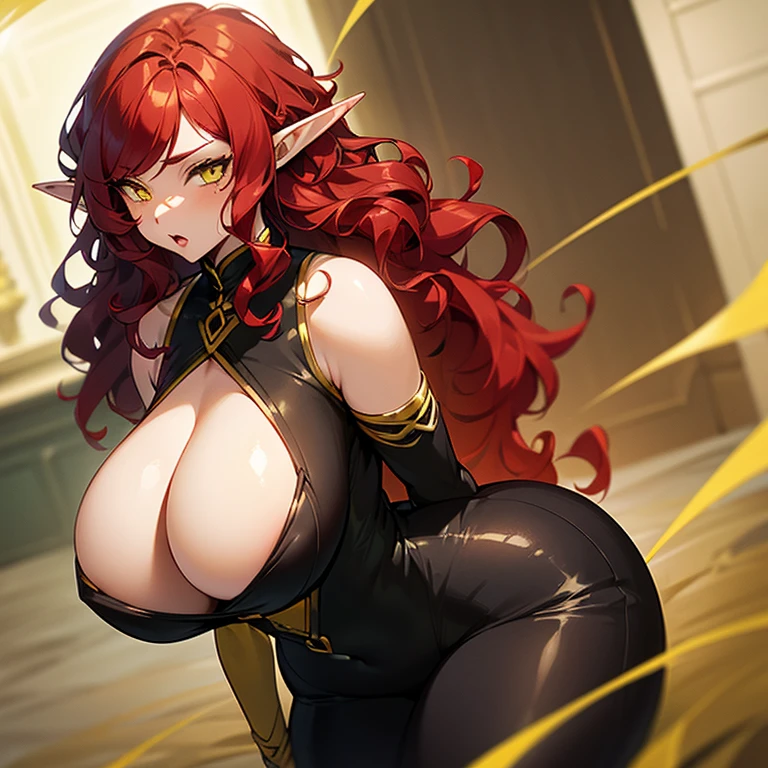 (((Alone))),(((Elf Woman Milf))),(((Light Skin))),(((Wavy red hair))),(((Yellow Eyes))),((Curvy Body)),(((Wearing a black suit)))