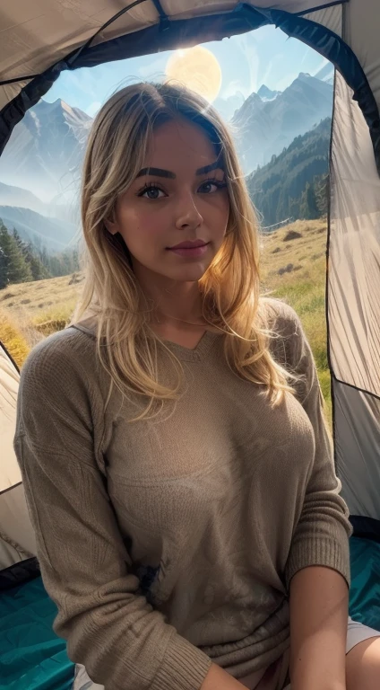 1 mujer, americano, hermoso, ojos azules, honey dyed hair,((selfie de la parte superior del cuerpo, feliz)), Filmar en una carpa, Hermosa luz de fondo, Letrero de tienda abierta,obra maestra, Mejor calidad, ultra detallado, Solo, exteriores, (la noche), mountains, naturaleza, (Estrella, la luna) alegre, feliz,, Acogedor en un saco de dormir, Dentro de la tienda, Al abrir la tienda, Some friendly riders can be seen outside.., maderas, formaciones rocosas, rivers, madera, fumar, vago, contraste, Cielos despejados, analog style (mirando al espectador:1.2) (textura de la piel) (film grain:1.3), (warm tone, warm tone:1.2), de cerca, cinematic light, side lighting, Los ultra-Highres, mejores sombras, ..CRUDO, mitad superior del cuerpo, vistiendo jersey, Relaxed and intimate photos, Pelos rubios,