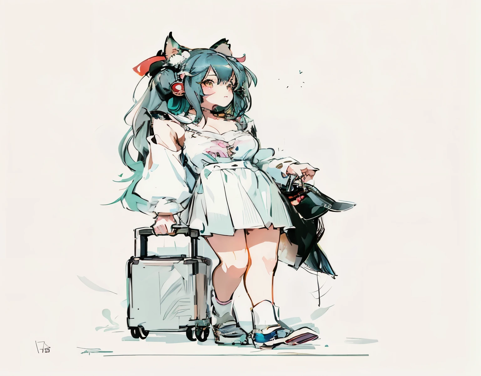 anime girl with suitcase and cat ears standing in front of a white background, traveling clothes, kantai collection style, mikudayo, trending on artstation pixiv, guweiz, cute anime waifu in a nice dress, cute art style, artwork in the style of guweiz, beautiful anime art style, loli in dress, anime artstyle