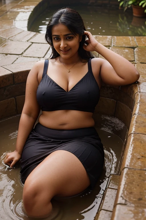 Anushka Shetty, curvy, British, 20s, catholic nun, smile, bath in rain, top view
