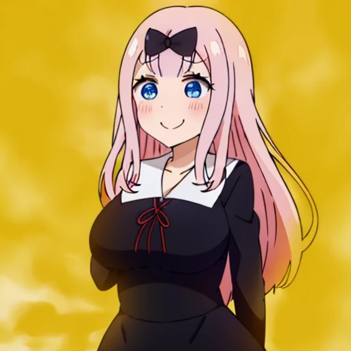 highest quality、(master piece:1.2)、detailed、Chika Fujiwara (Kaguya-sama)、1 girl、solo、open your mouth、Satisfied smile、pink hair、blue eyes、long hair、school uniform、black dress、hair ribbon、black ribbon、Red Ribbon、Are standing、classroom、fart、Gas comes out of the butt、put pressure on your face、