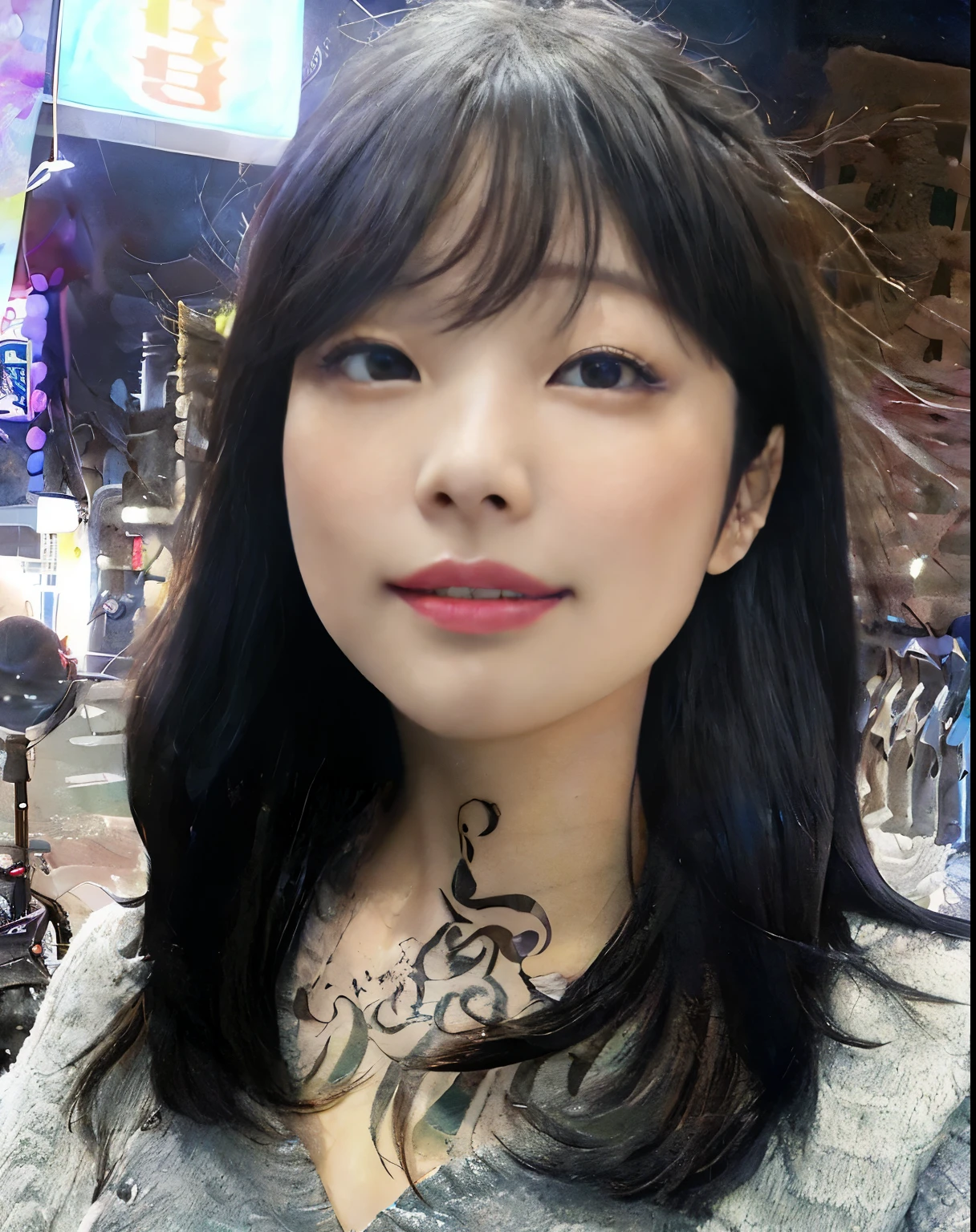 Un primer plano de una mujer con un tatuaje en el cuello, ella tiene el pelo negro con flequillo, hermosa mujer surcoreana, lee ji - eun, lee ji-eun, iu , kim doyoung, aparcar desde-min, gongbi, sol yunjoo cara kim jennie blackpink