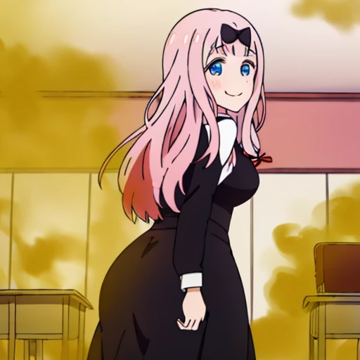 highest quality、(master piece:1.2)、detailed、Chika Fujiwara (Kaguya-sama)、1 girl、solo、open your mouth、Satisfied smile、pink hair、blue eyes、long hair、school uniform、black dress、hair ribbon、black ribbon、Red Ribbon、Are standing、classroom、fart、Gas comes out of the butt、put pressure on your face、