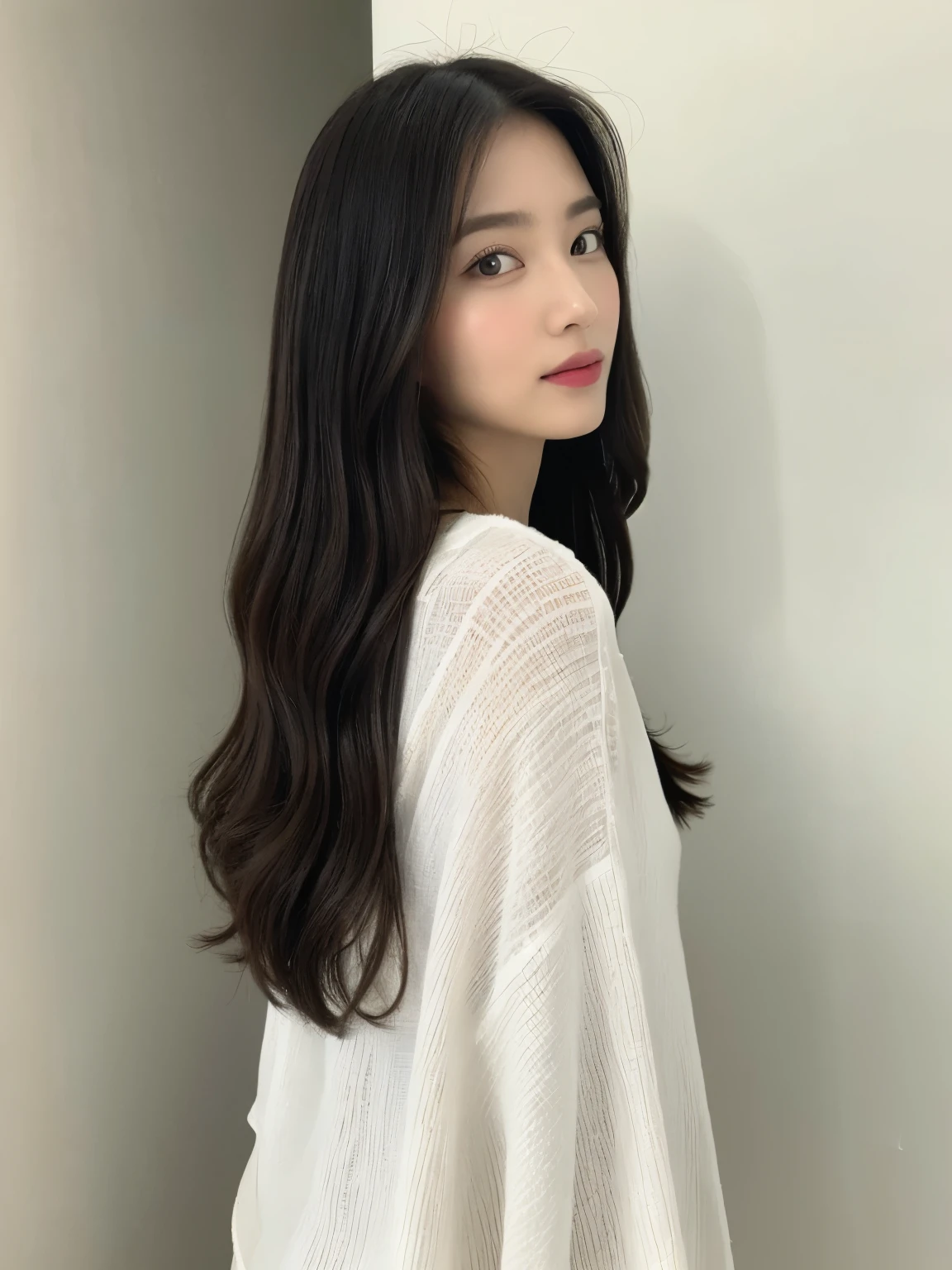 ((highest quality、8K、masterpiece:1.3))、ultra high resolution、(photorealistic:1.4)、raw photos、Japanese,(details face)、real、Shot in natural light、Highly detailed face and skin texture、highly detailed lips、correct state of the human body、straight hair、black hair、various poses、natural color lip 、long hair、black hairstraight hair、straight hair、shot from behind、Don't look at the camera、professional lighting、angle from behind、Shot in natural light、super detail、30 generations、actress、髪型はまっすぐなstraight hair、Emphasizes the shine of hair、white blouse、white wall、Taken in front of the white door、(窓のあるwhite wallの部屋)