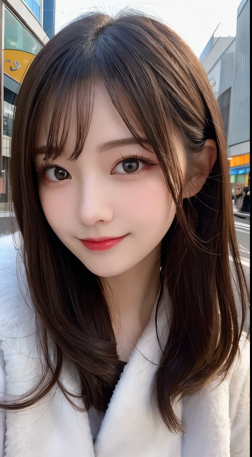 table top, highest quality, shape, Super detailed, finely, High resolution, 8k wallpaper, 完璧なダイナミックな構shape, beautiful and detailed eyes, Tokyo trend winter fashion,medium hair, small breasts, natural color lip, random sexy pose,cute smile,big city、20 year old girl、beautiful and detailed face、perfect and beautiful face,Big eyes、Wear fluffy black outerwear with fur、beautiful detailed face、perfect and beautiful double eyelids、blur the background