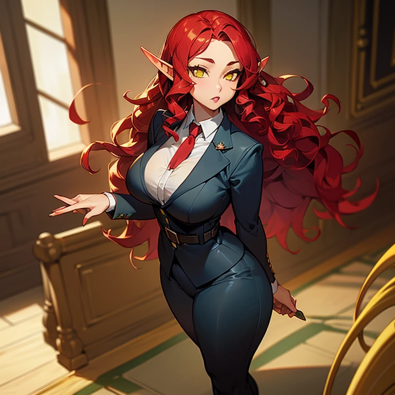 (((Alone))),(((Elf Woman Milf))),(((Light Skin))),(((Wavy red hair))),(((Yellow Eyes))),((Curvy Body)),(((Wearing a suit)))