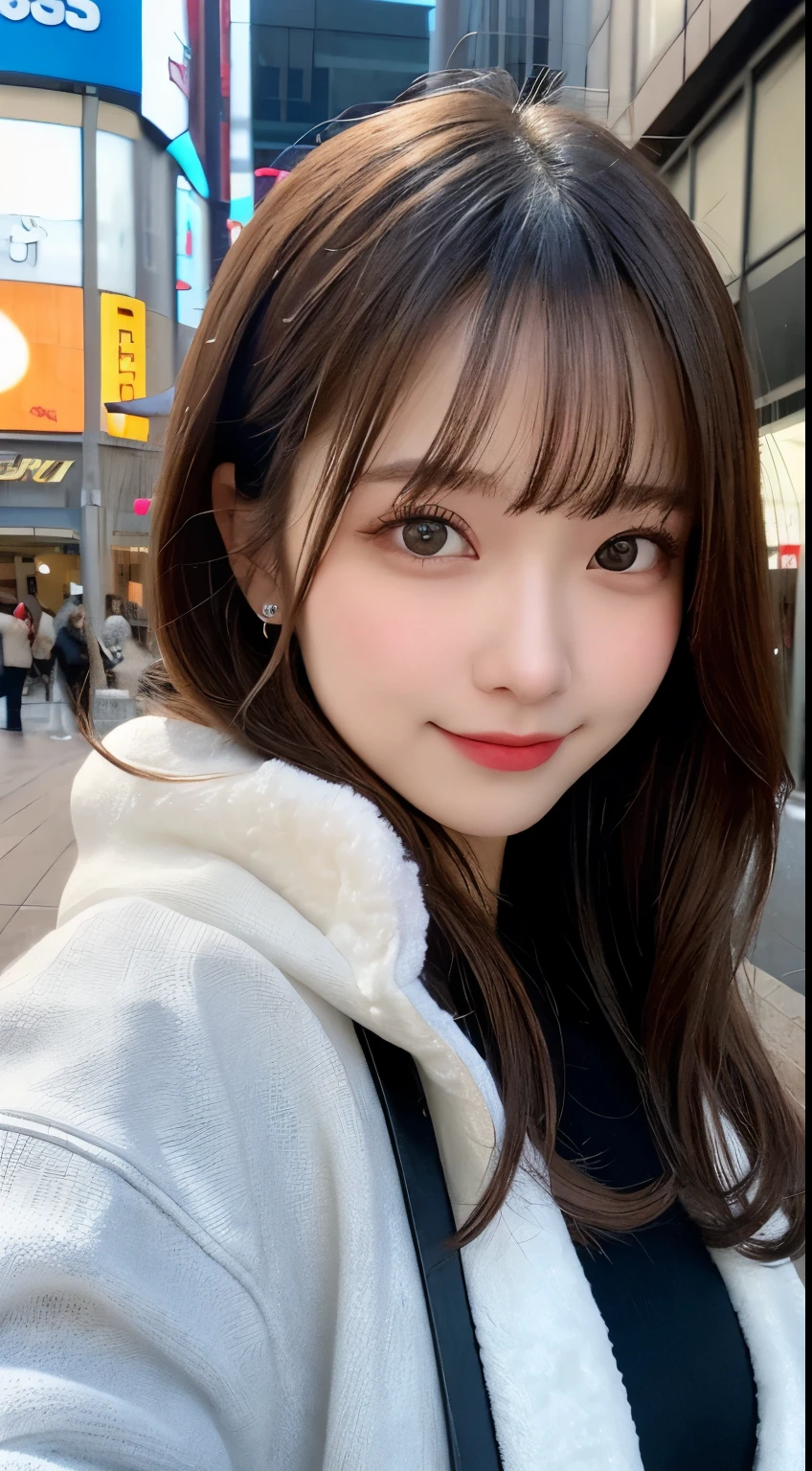 table top, highest quality, shape, Super detailed, finely, High resolution, 8k wallpaper, 完璧なダイナミックな構shape, beautiful and detailed eyes, Tokyo trend winter fashion,medium hair, small breasts, natural color lip, random sexy pose,cute smile,big city、20 year old girl、beautiful and detailed face、perfect and beautiful face,Big eyes、Wear fluffy black outerwear with fur、beautiful detailed face、perfect and beautiful double eyelids、blur the background