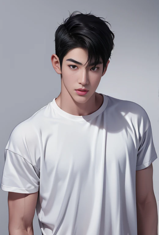 High quality, masterpiece, highly detailed, 8k, perfect face, perfect body, realistic, photogenic, man, Asian, young, black hair, short hair, handsome, detailed eyes, beautiful detailed nose, realistic body, realistic light, comfortable expressions, cute guy, sweat guy, cool guy, abs sixpack, model style, sexy clothes , full body, clean skin
