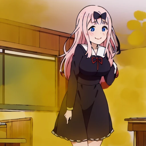 highest quality、(master piece:1.2)、detailed、Chika Fujiwara (Kaguya-sama)、1 girl、solo、open your mouth、Satisfied smile、pink hair、blue eyes、long hair、school uniform、black dress、hair ribbon、black ribbon、Red Ribbon、Are standing、classroom、fart、Gas comes out of the butt、