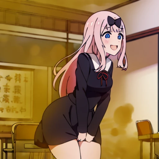 highest quality、(master piece:1.2)、detailed、Chika Fujiwara (Kaguya-sama)、1 girl、solo、open your mouth、Satisfied smile、pink hair、blue eyes、long hair、school uniform、black dress、hair ribbon、black ribbon、Red Ribbon、Are standing、classroom、fart、Gas comes out of the butt、